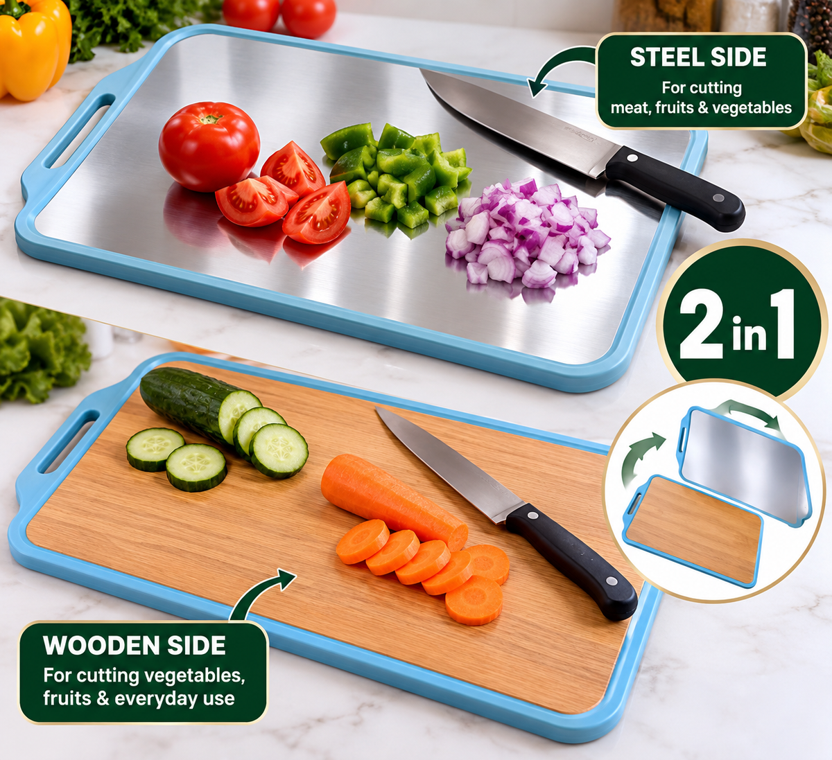 2 IN 1 Reversible Chopping Board Steel Side + Wooden Side | Multi-Purpose Cutting Board