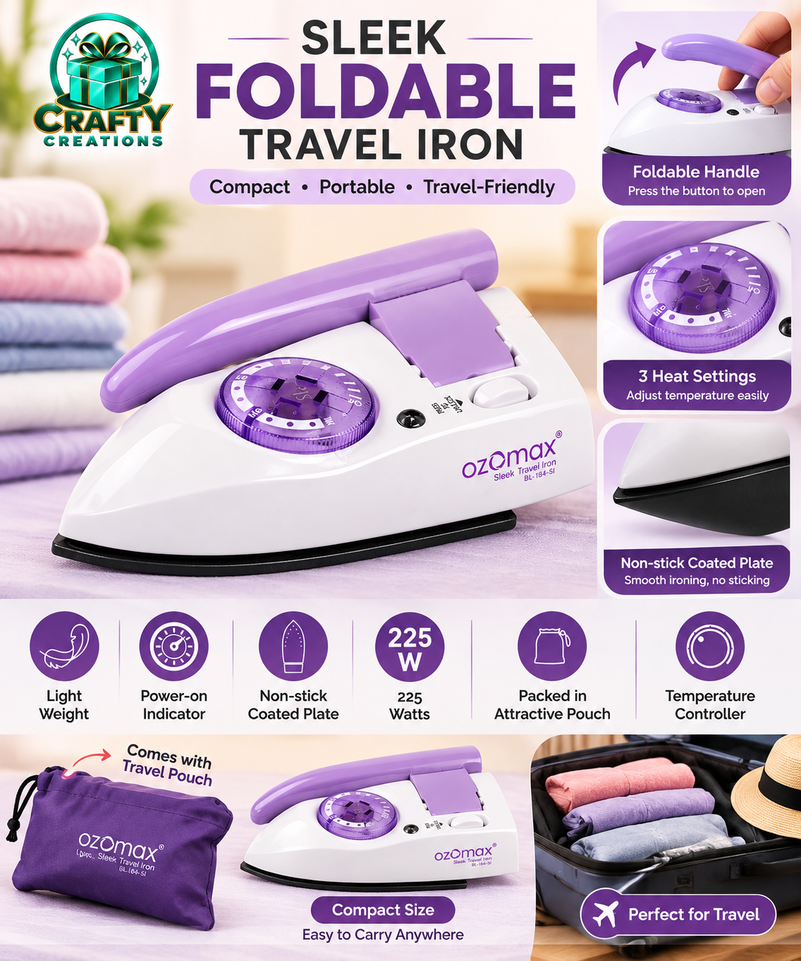 Ozomax Sleek Foldable Travel Iron – Compact, Lightweight & Portable